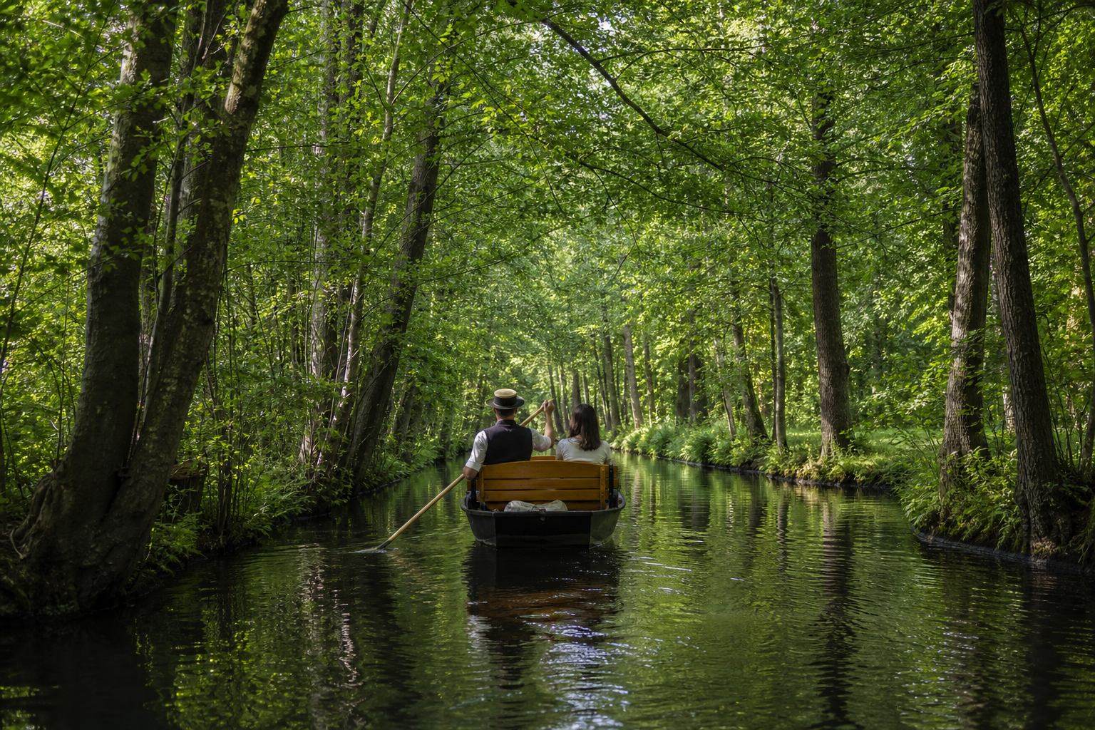 Kahn zwischen Erlen auf einem Spreewaldkanal